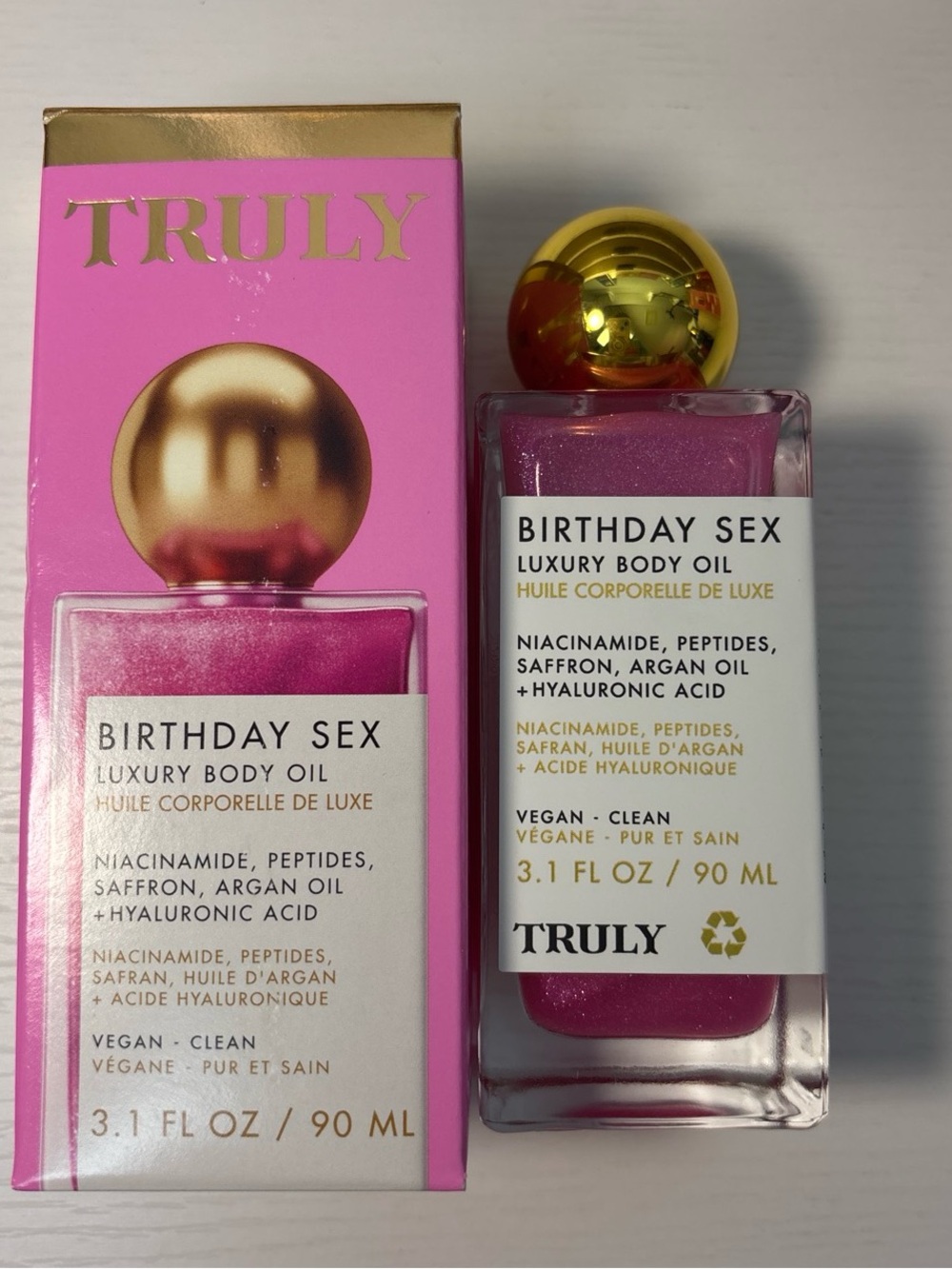 TRULY Birthday Sex Luxury Body Oil. Niacinamide. Peptides, Saffron, Argan oil.
